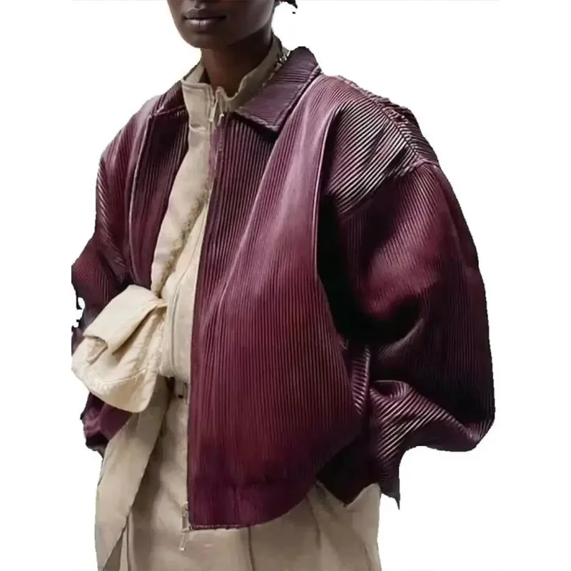 Jaquetas Femininas Vintage Estilosas de Outono em Couro Sintético Plissado Oversized BF, Casaco Cropped Elegante Solto Vinho Tinto PU com Zíper para o Dia a Dia