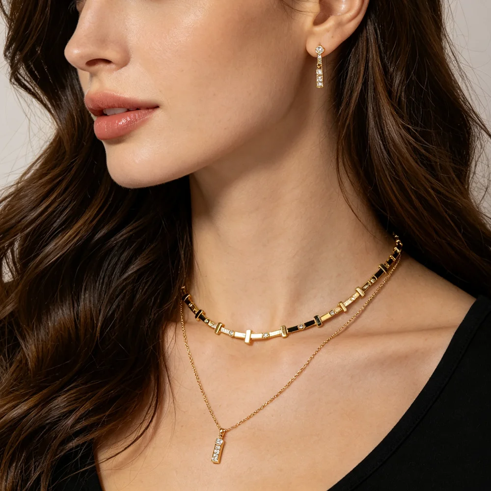 Geometric stripe T-shaped smooth women's gold-plated CZ bracelet necklace of the same series, luxurious jewelry for banquets