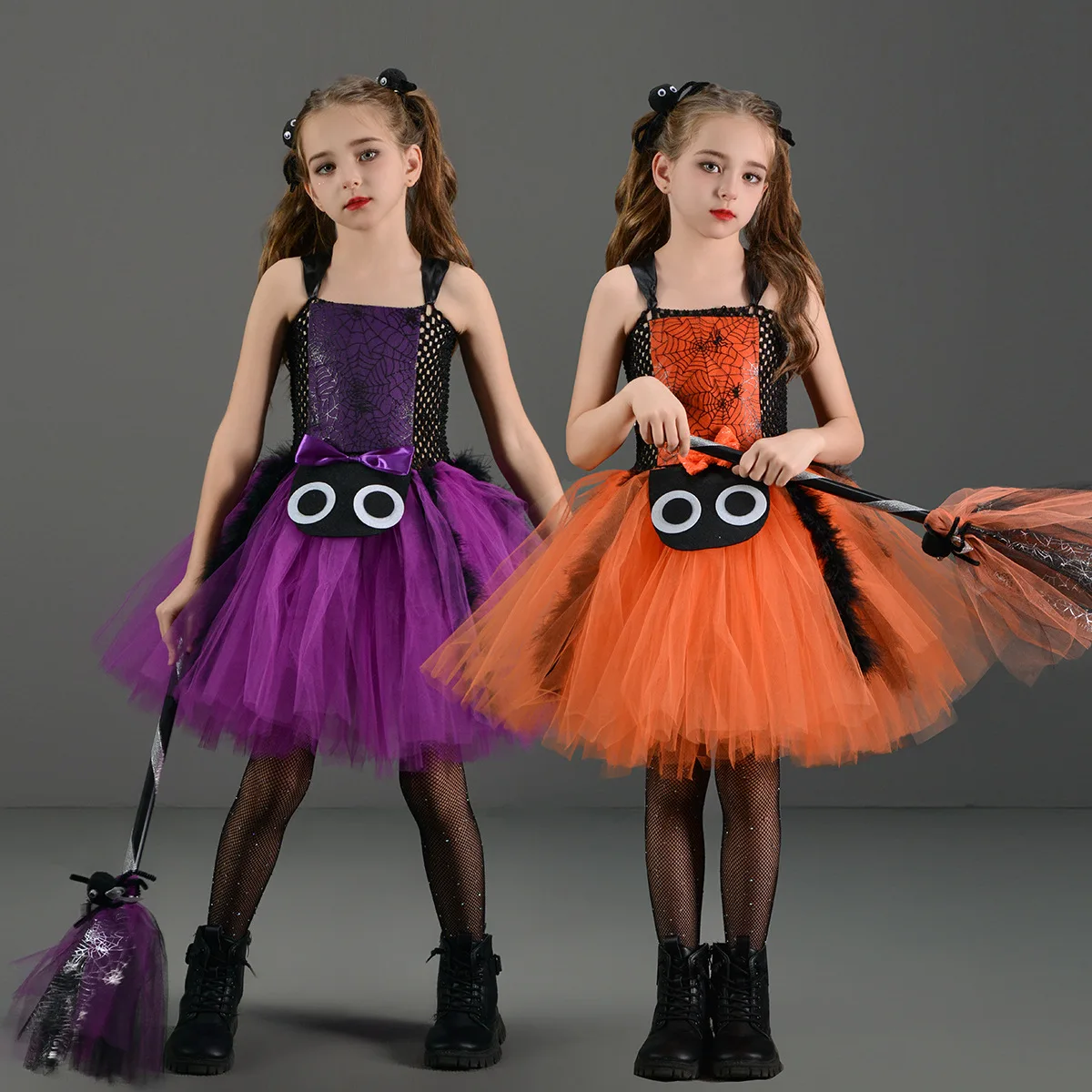 Girls Halloween Cosplay Costume Pink Orange Purple Witch Spider Dress+Hairpin+Broom Clothes Set Halloween Party Outfits