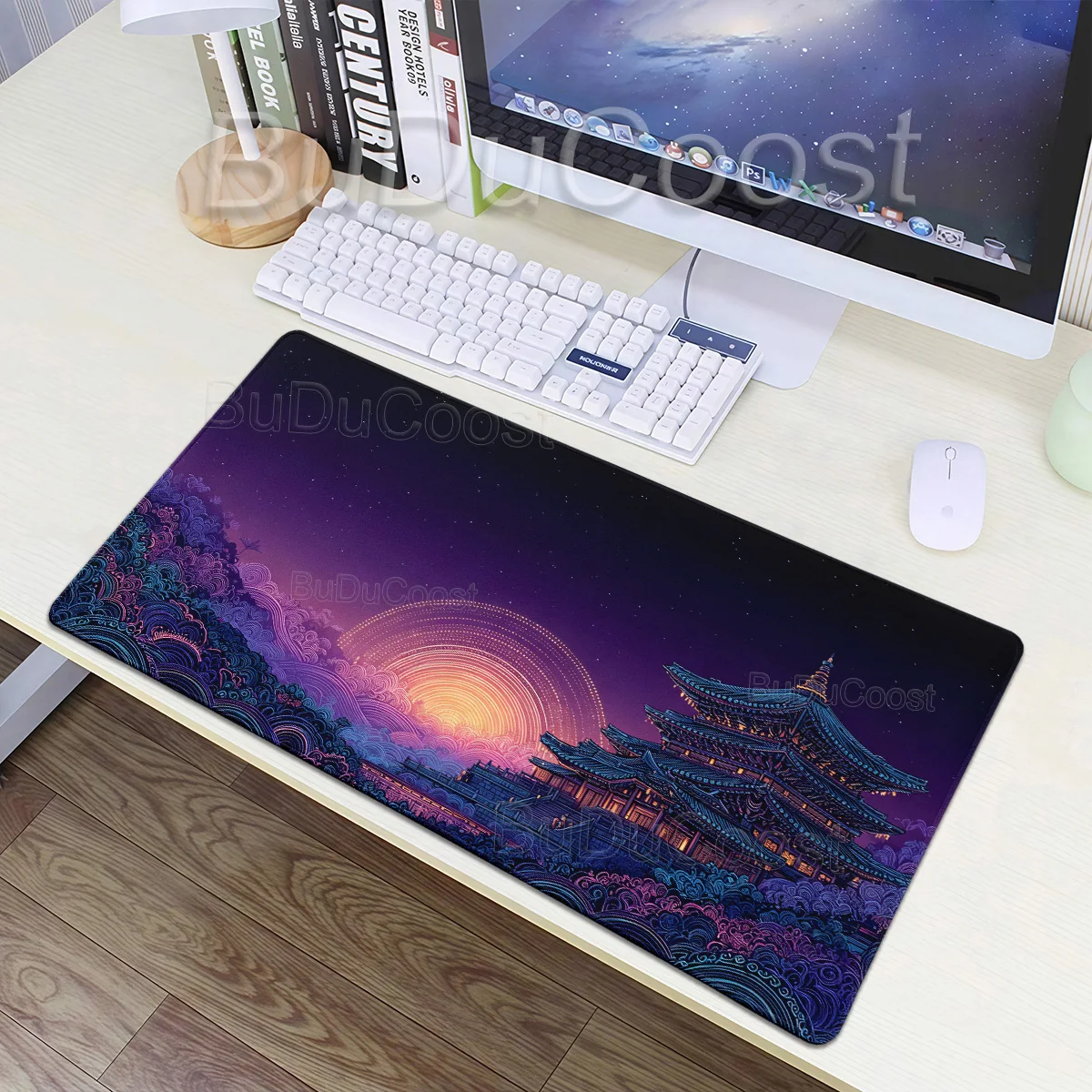Watercolor Chinese Ancient Building Large Mouse Pad Night Lake Boat Mountain Scenery Art Desk Mat for Home Office Gaming Decor