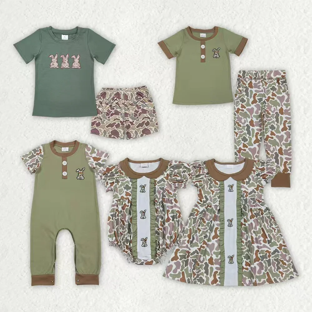 

z1120-06 SR3258 Wholesale baby rompers kids clothes boy embroidery easter bunny short sleeve romper boutique children clothing