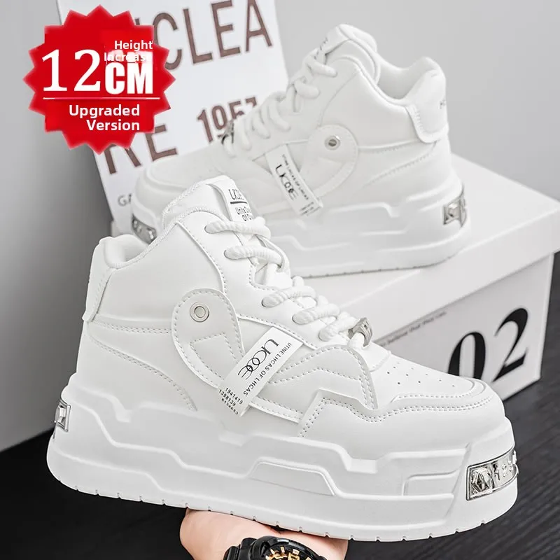 Casual High Top Sneakers Men's Sporty Leisure Thick Bottom Hidden Heightening 10cm Platform Flat Laced Shoes Rubber Outsole
