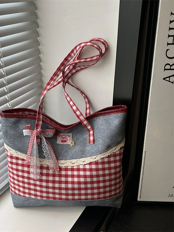 Trendy College Style Plaid Canvas Shoulder Bag Women's New 2025 Fashion Contrast Splicing Tote Underarm Bag Soft PU Leather