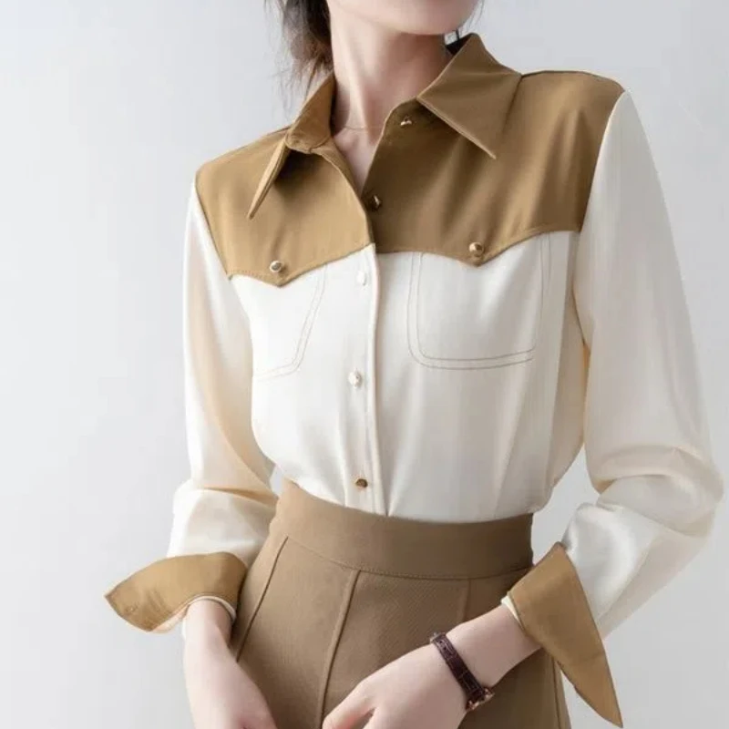 Contrast Patchwork Polo Neck Office Blouse Spring Autumn New Long Sleeve Elegant Shirt Tops Temperament Fashion Women Clothing