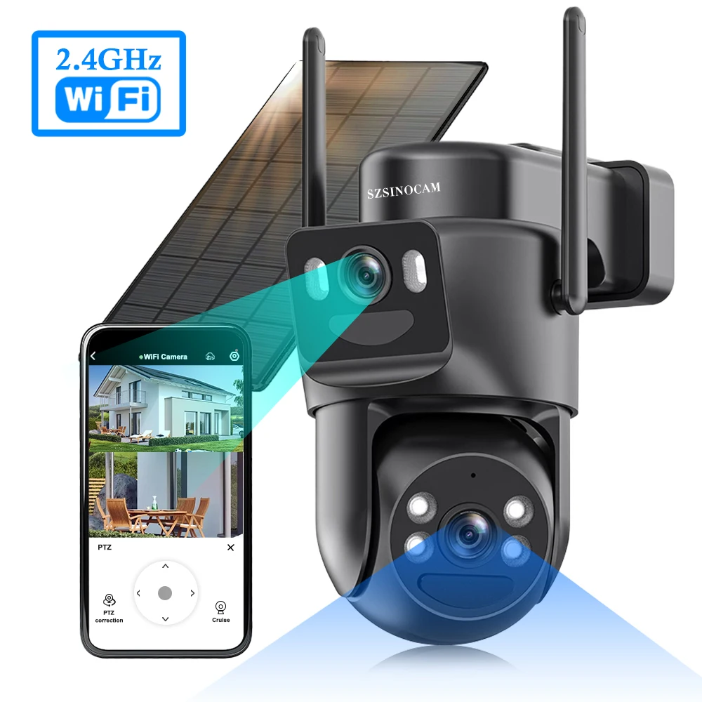 4K WiFi Camera with Spotlight Alarm Motion Detection 360-Degree Low-Power CCTV Solar Panel Battery 10x Zoom