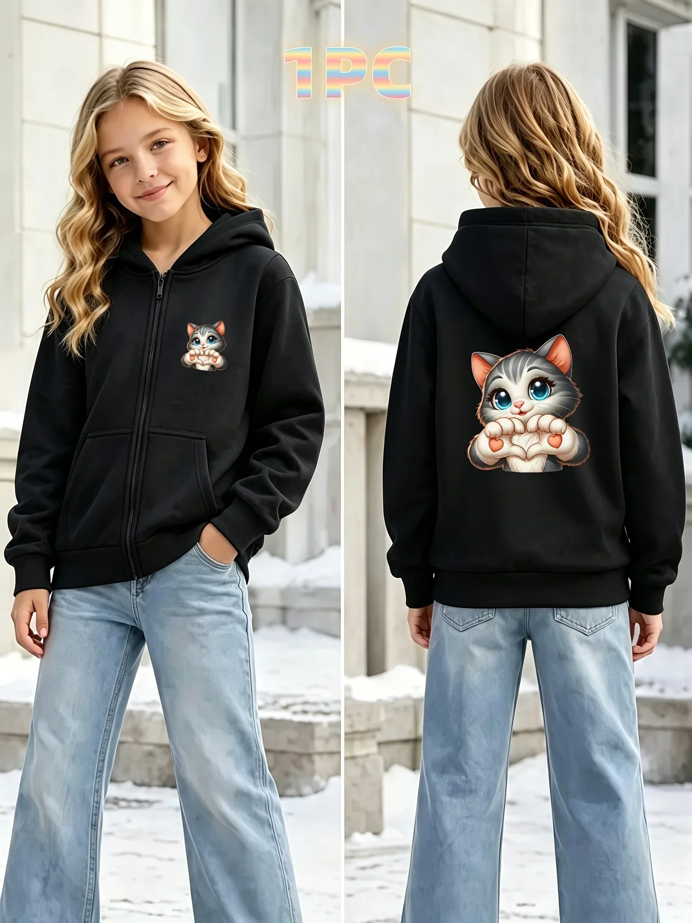 Girls Cute Cat Make Heart Print Zip Up Hoodie Lovely Kitten Graphic Kids Thin No Fleece Jacket