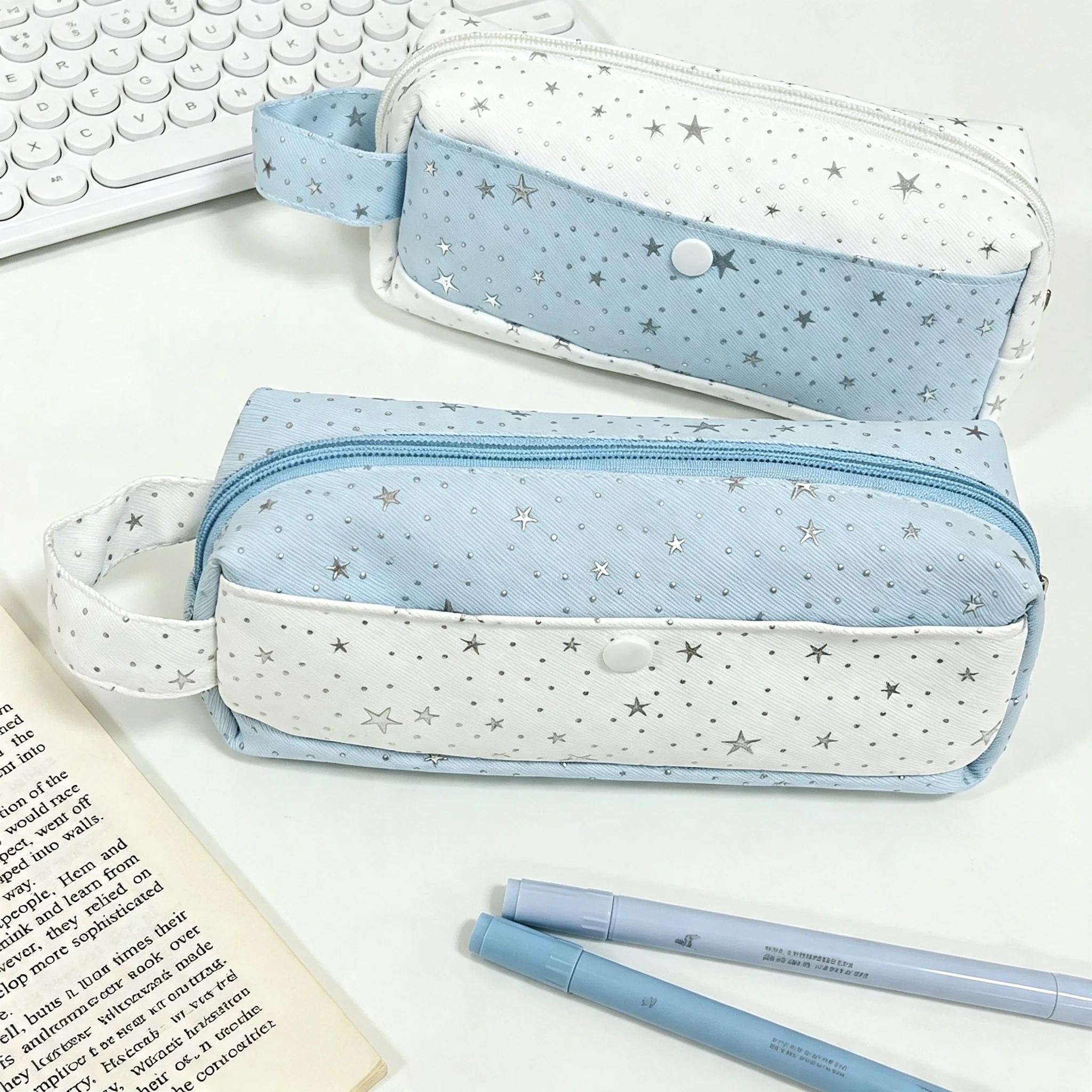 Document Bag Canvas Large Capacity Makeup Bag Stationery Pouch Star Print Hand Strap Pencil Bag For School Use Small Office
