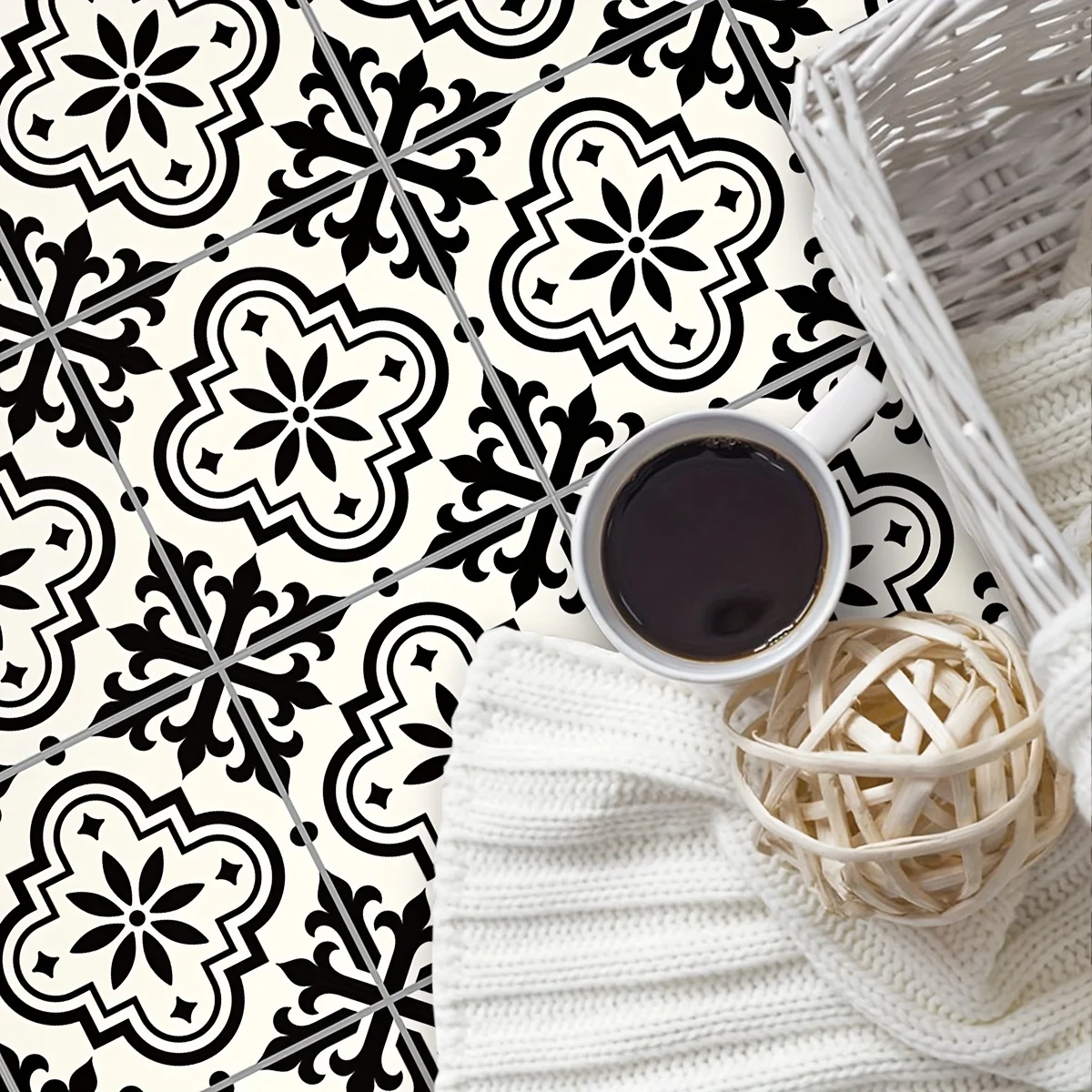 12PCS Moroccan Style Black and White Pattern Floor Sticker Waterproof Non-Slip Home Decoration Self-Adhesive Tile Sticker
