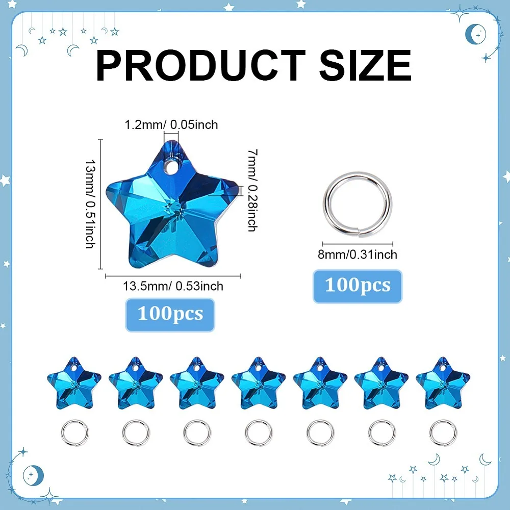 

100Pcs Electroplate Glass Charms Faceted Star with 100Pcs Jump Ring Deep Sky Blue 13x13.5x7mm Hole: 1.2mm