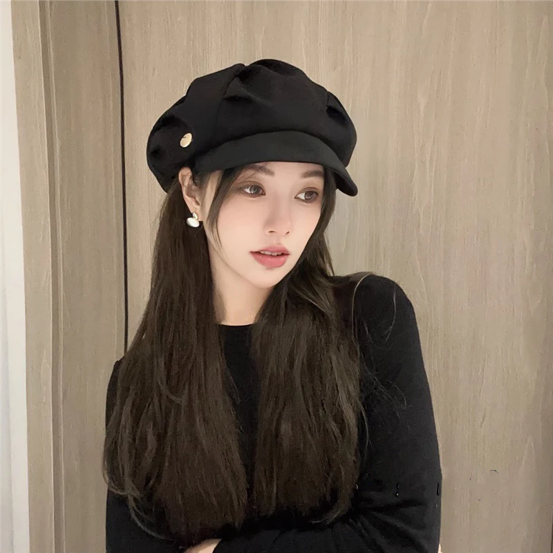 

Casual Solid Octagonal Hat Women Korean Fashion Pleated Artist Berets Hats Spring Autumn Soft Newsboy Painter Caps Vintage