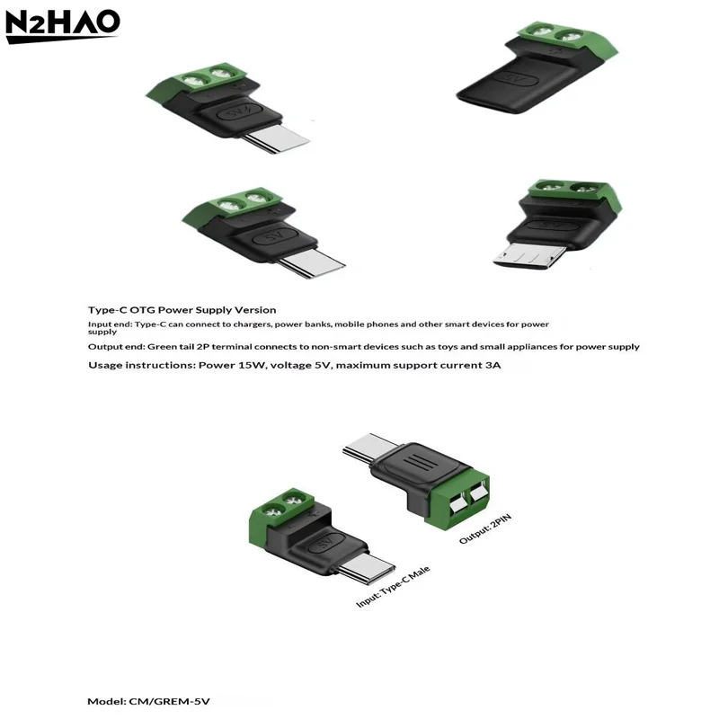 Type C/Micro Female To 2 Pin Terminal Block Solderless Charging Connector 5V USB C Screw Terminal Solderless Plug OTG Adapters