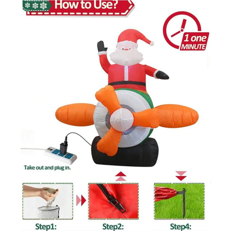 6 FT Inflatable Christmas Santa Claus Flying Airplane Decoration Blow Up Built-in LED for Home Garden Outdoor Xmas Party Toys