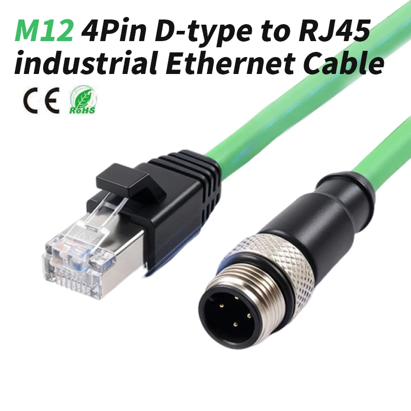 Elbow M12 D-type 4Pin to RJ45 Ethernet Cable Industrial Straight 4-pin Male Head D-encoded Sensor Plug Wire Compatible with SICK