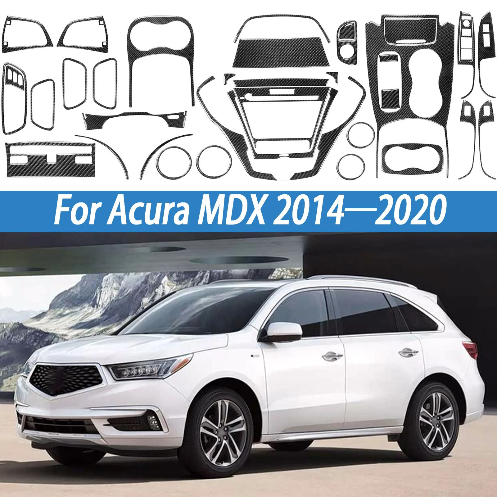 

Carbon fiber interior trim stickers for Acura MDX 2014-2020 center console CD panel cup holder steering wheel door panel covers