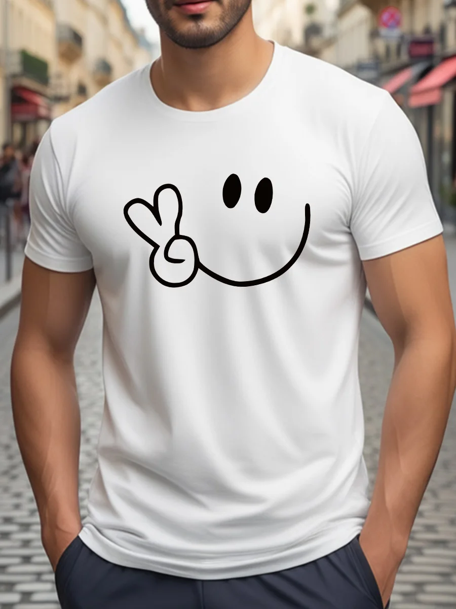 White Short-Sleeve T-Shirt with Black Peace Sign Smile Face Graphic Print Casual Daily Wear