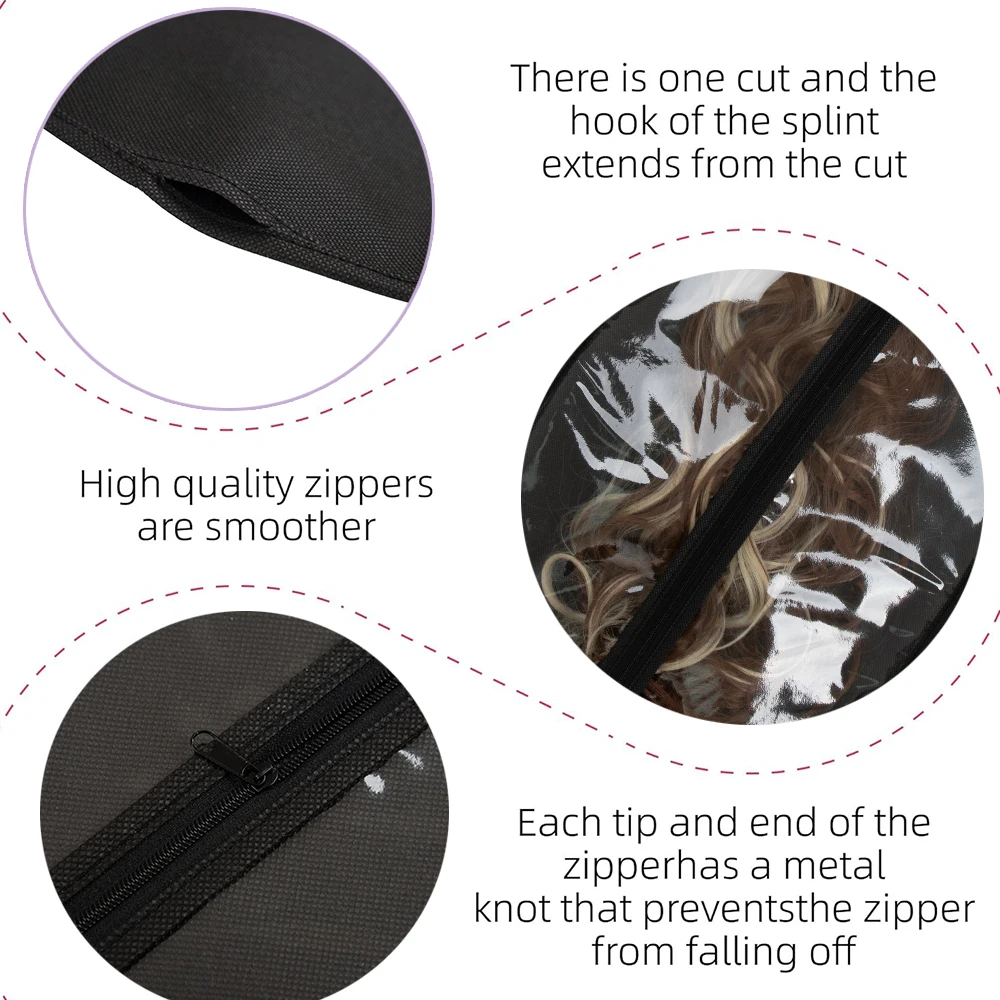3pcs Premium Wig Storage Bags with Sturdy Metal Hangers - Black Transparent Design for Multiple Wigs & Hair Extensions image 5
