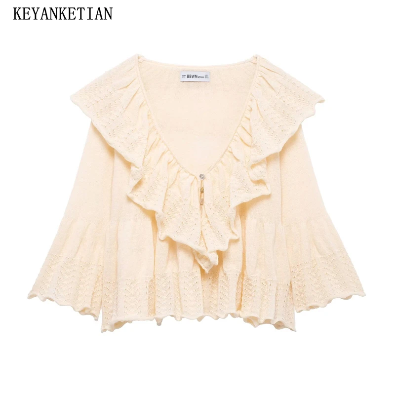 KEYANKETIAN 2025 Spring New Holiday wind Hollow out Embroidery Tiered Knitted Top Women's Deep V-neck Flare sleeve Crop Knitwear