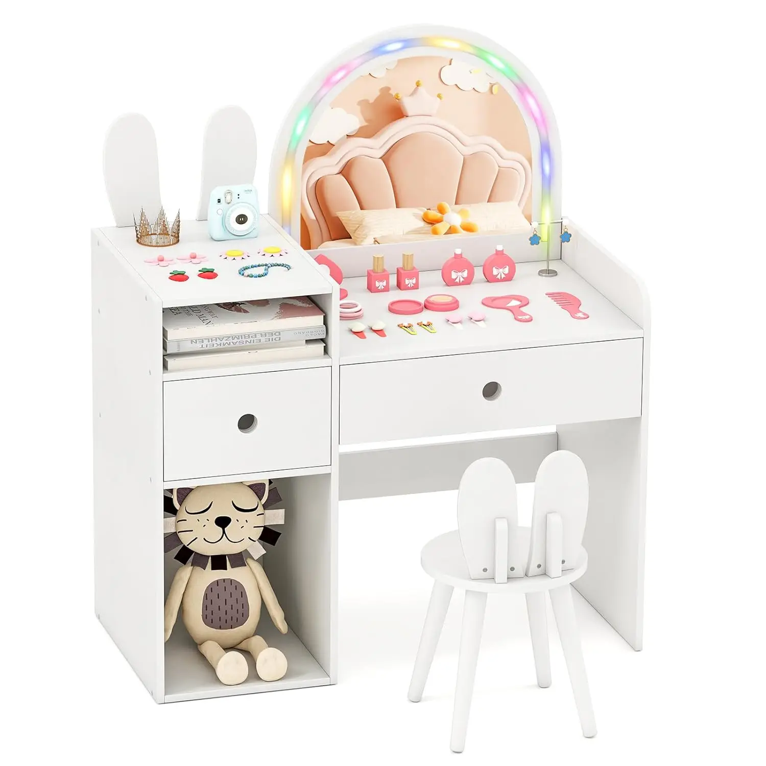#Kids Vanity Table Set Mirror Stool Lights Drawers Storage Toddler Makeup Desk Bedroom Furniture White