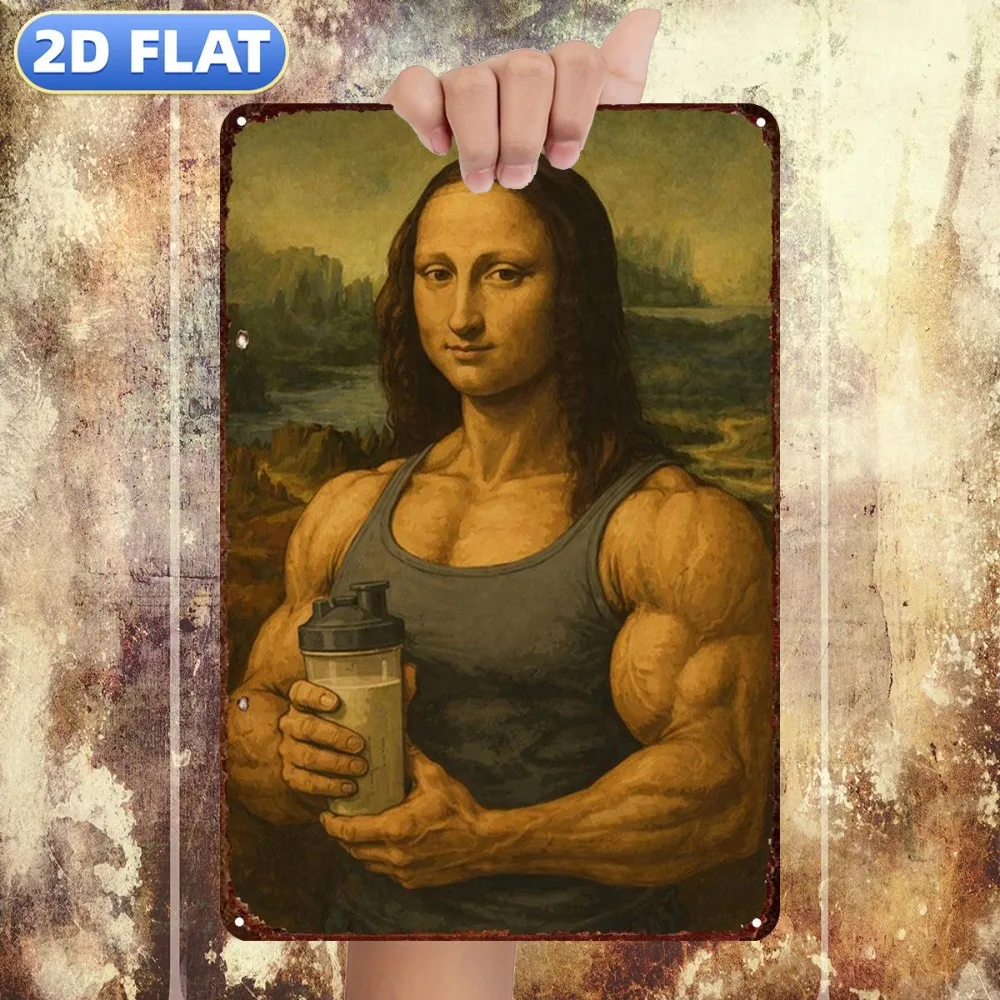 CIFBUY Funny Muscle Mona Lisa Holding Protein Shake Aluminum Wall Art Waterproof Durable Metal Tin Sign for Home Room Bar Garage