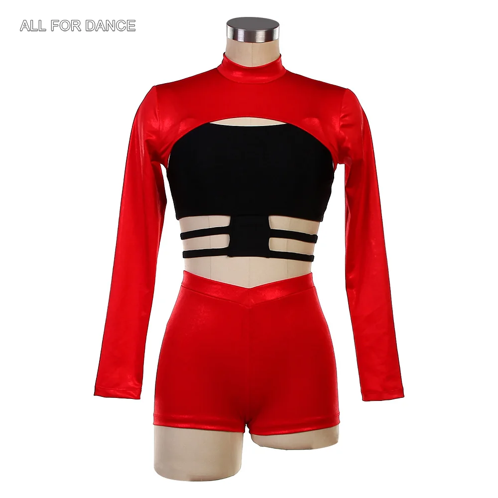 26096 Maniche lunghe Nero e Rosso 2 in uno Corpetto in spandex Abiti da balletto Ragazze adulte Balletto e jazz e costumi di danza del rubinetto