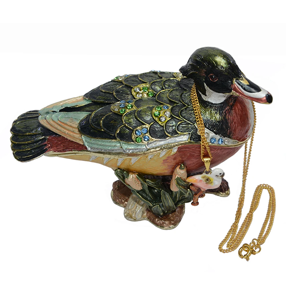 Large Wood Duck Trinket Jewelry Box, Enameled Figurine, Collectible Metal Ring Holder