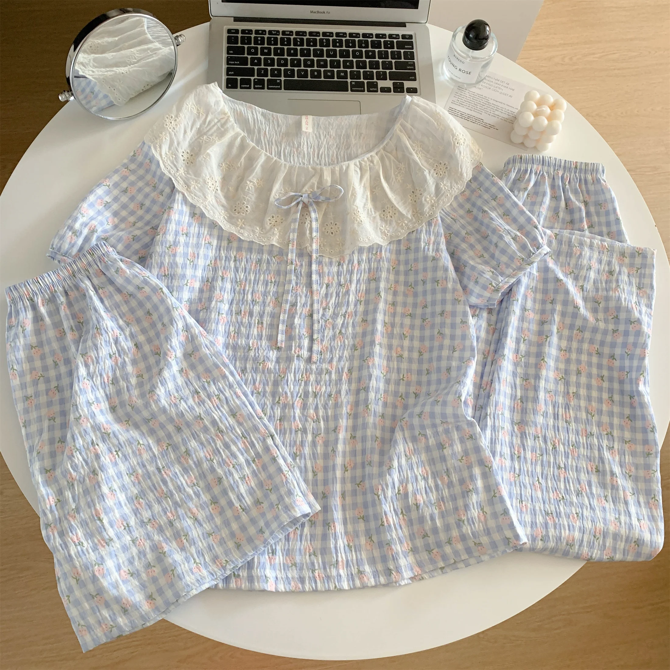Lace Round Lapel Short Sleeve Women Pajamas Set Summer Sweet Grid Floral Sleepwear Pants Cloud Cotton Female 3 Piece Pyjama Suit
