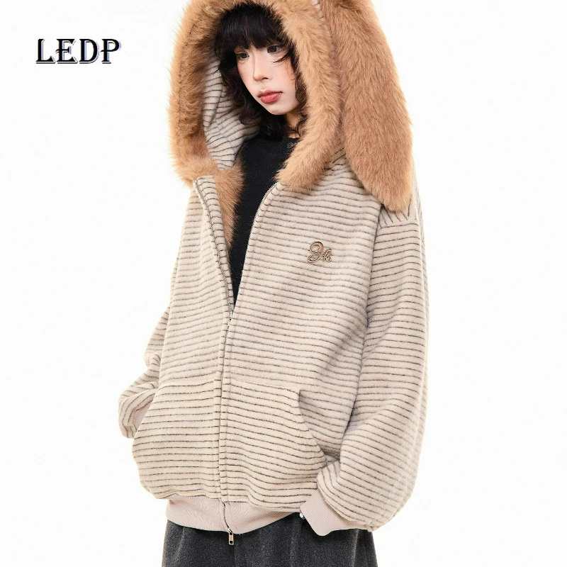 

American Striped Fur Collar Plush Women's Sweater 2025 Winter New Loose Casual Sweet Cool Couple Hooded Thick Jackets Ladies