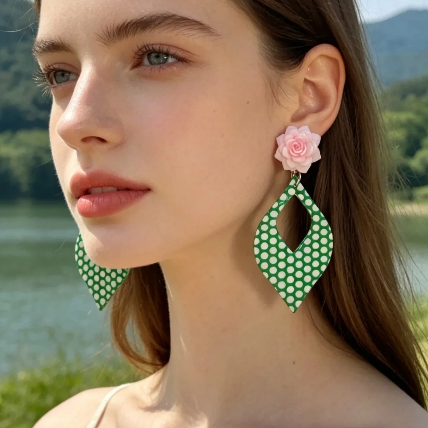 Summer niche design retro temperament green polka dot stud earrings gradual change pink rose earrings exaggerated earrings women