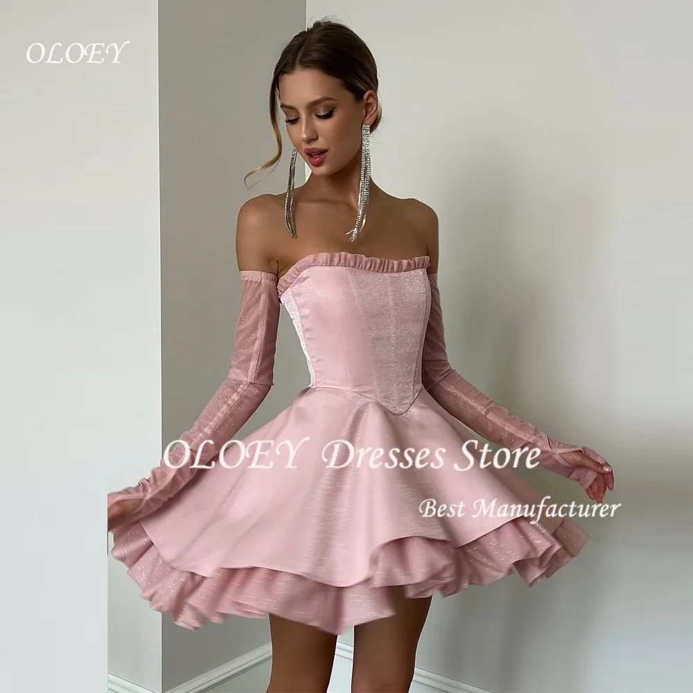 

OLOEY Simple A-Line Pink Prom Dresses Mini Ruffle Tiered Strapless Satin Party Gowns vestidos coctel mujer Customized