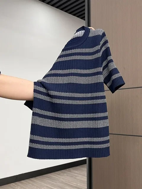 2025Ropa Mujer Gestreiften Frauen T Shirt Gestrickte Tops Kurzarm Oansatz Tunika Camisetas Koreanische Tees Casual Chic Sommer T-shirts
