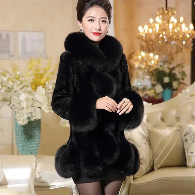 

2025 Women Fashion Large Size 4XL Faux Fur Top Coat Winter Female Mid Length Fur Jacket Korean Ladies Long Sleeves Plush Outwear