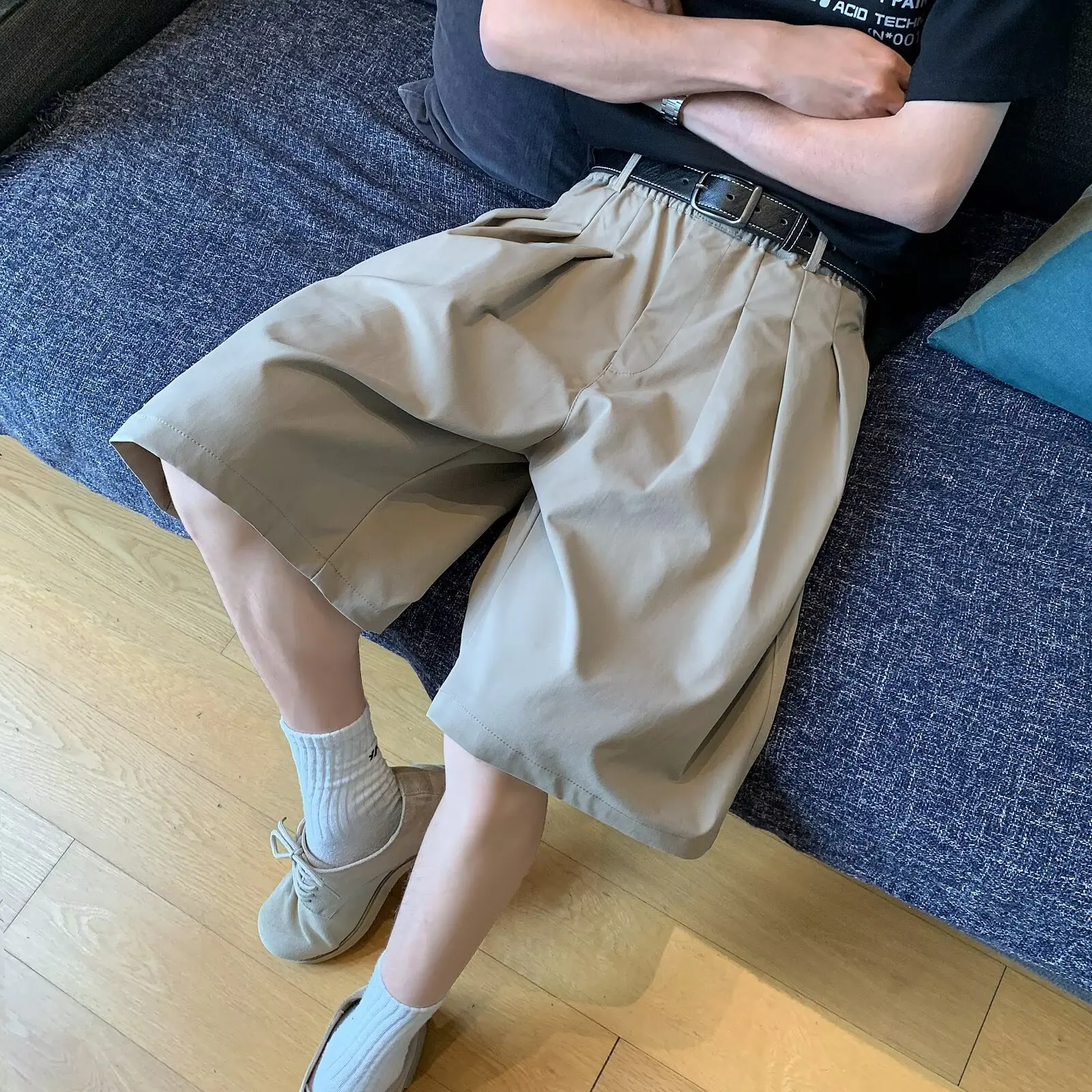 

American Sle Khaki Five-Point Casual Loose Trousers Men's Women's Pure Color Pleated Summer orts Straight Leg Low Waist