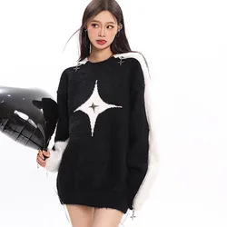 Harajuku Fashion Y2k Pullover Contrast Color Star Sweater Sexy Off Shoulder Long Sleeve Jumpers 2023 New Autumn Ladies Knit Tops