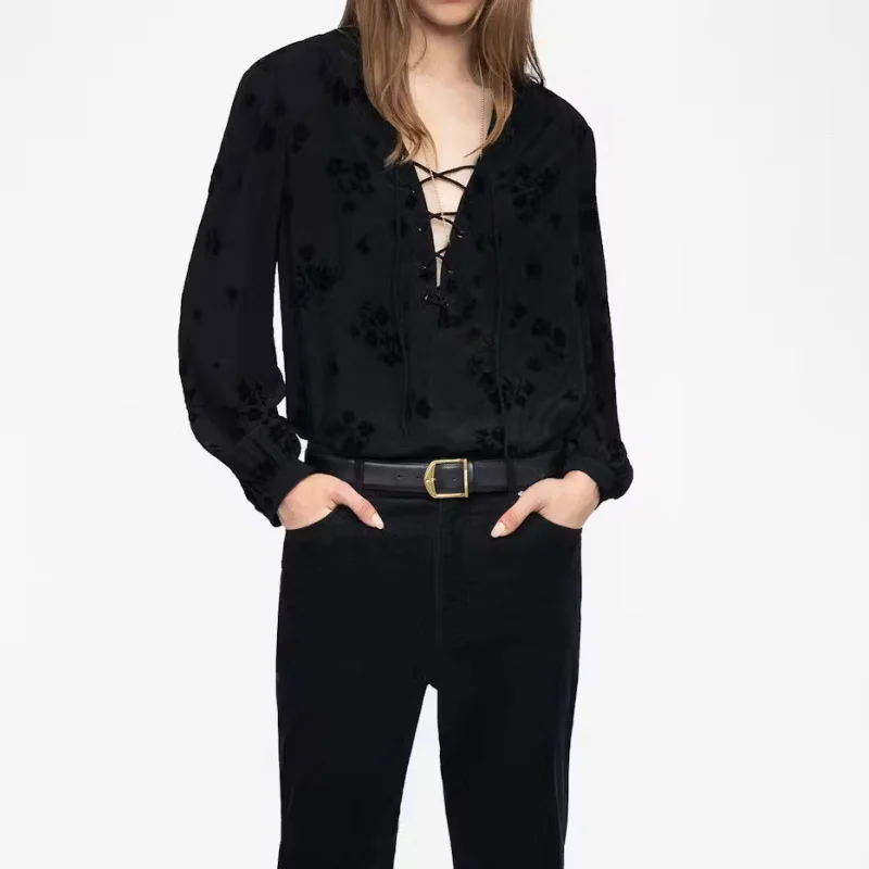 

Черные блузки, женские свободные тонкие топы с v-образным вырезом, жаккардовый пуловер с цветочным принтом, женская блузка, брюки на шнуровке, женская рубашка с длинным рукавом