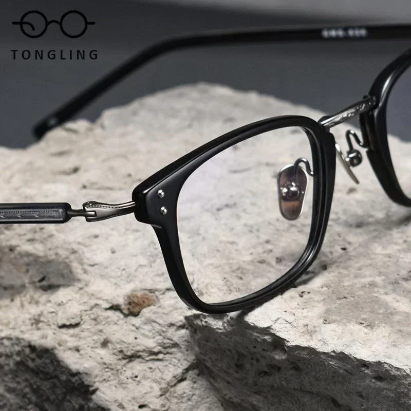 2025 new retro ultra light acetate small face glasses frame men pure titanium black comfort can be equipped with anti-blue lens