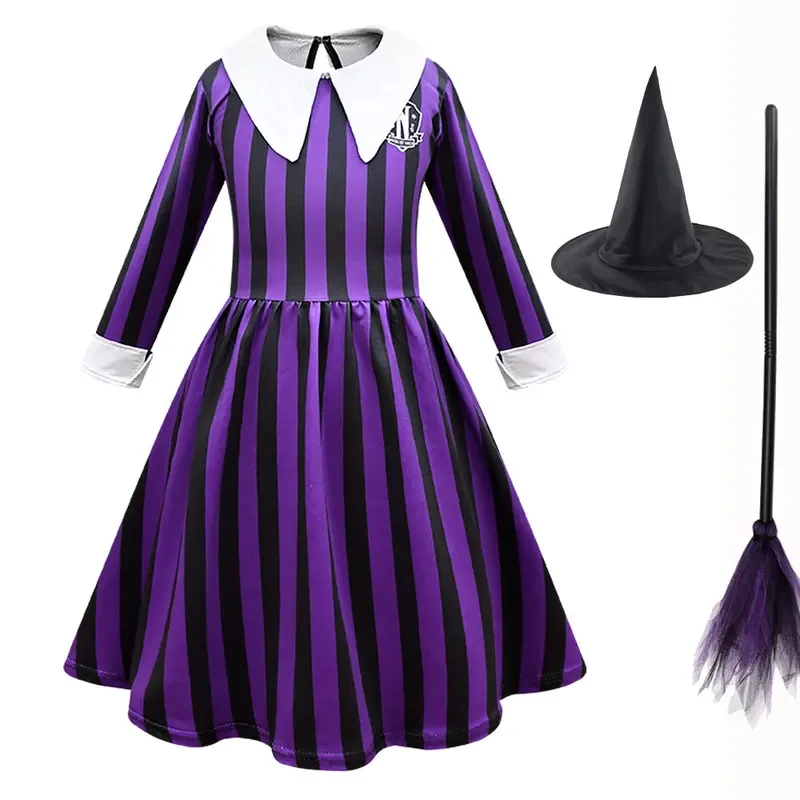 Girls Addams Witch Cosplay Dress Hat Broom Wednesday Addams Costume Cosplay Suit