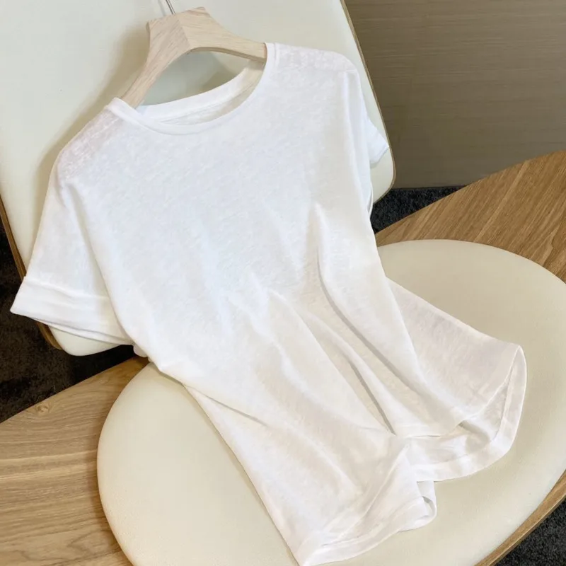 Summer Women Cotton Linen T-shirt Round Neck Thin Short-sleeved Transparent Loose Bottoming T-shirts Tops