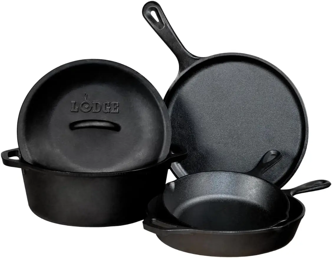 

Pre-Seasoned Cast Iron Set - 5-Piece - Skillets, Griddle & Dutch Oven - PFAS-Free Non-Toxic Cookware