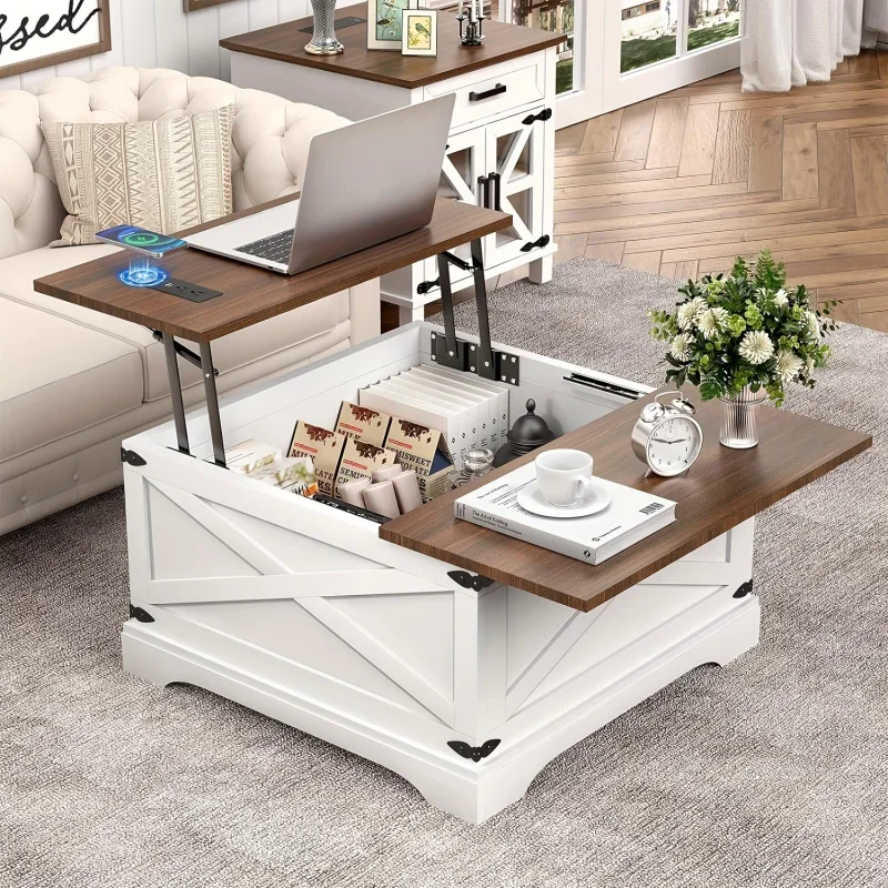 Square coffee table, lift top coffee table with wireless charging station, coffee table with large hidden storage