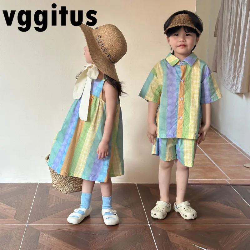 

Летние комплекты для маленьких мальчиков и девочек, модные рубашки с короткими рукавами и шорты, платье на бретельках с квадратным воротником, одежда для братьев и сестер H85232