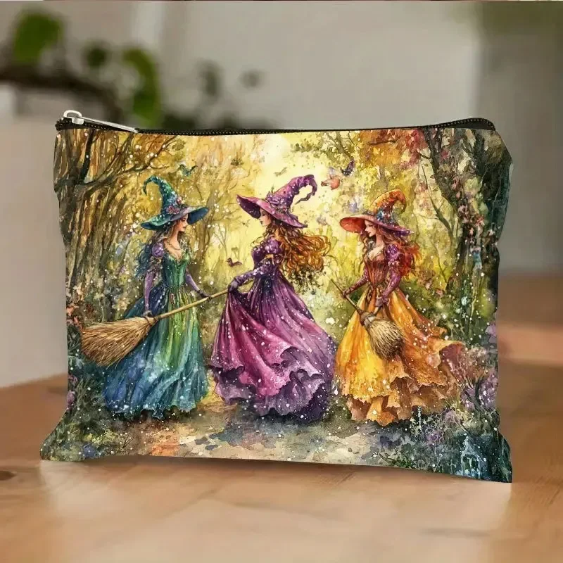 Retro Witch Resin Makeup Bag with Vibrant Autumn Forest Design, Zipper Closure Multi-Functional Travel Bag Cosmetics Storage Bag