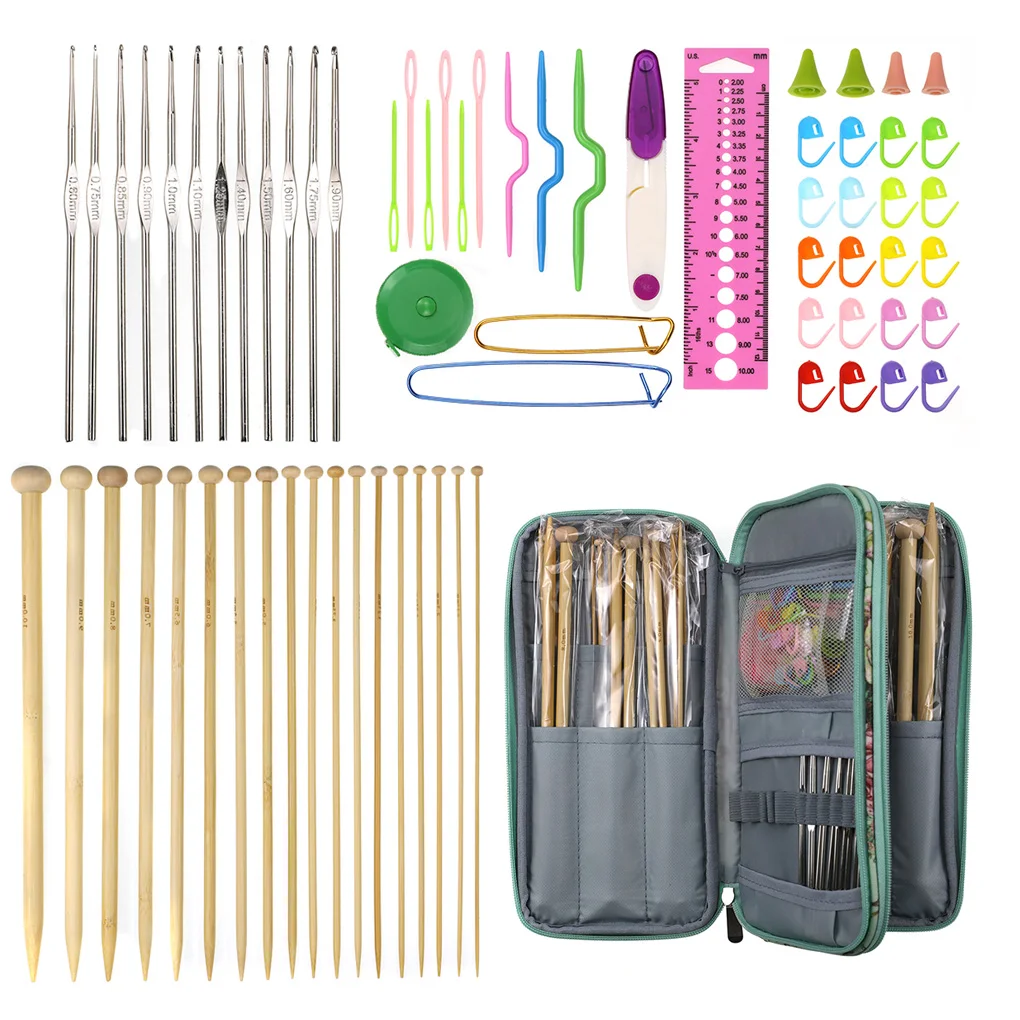 

Crochet Hooks Set Bamboo Knitting Needles Stitch Markers Yarn Needle Gauge Scissor DIY Craft Sewing Weave Kit