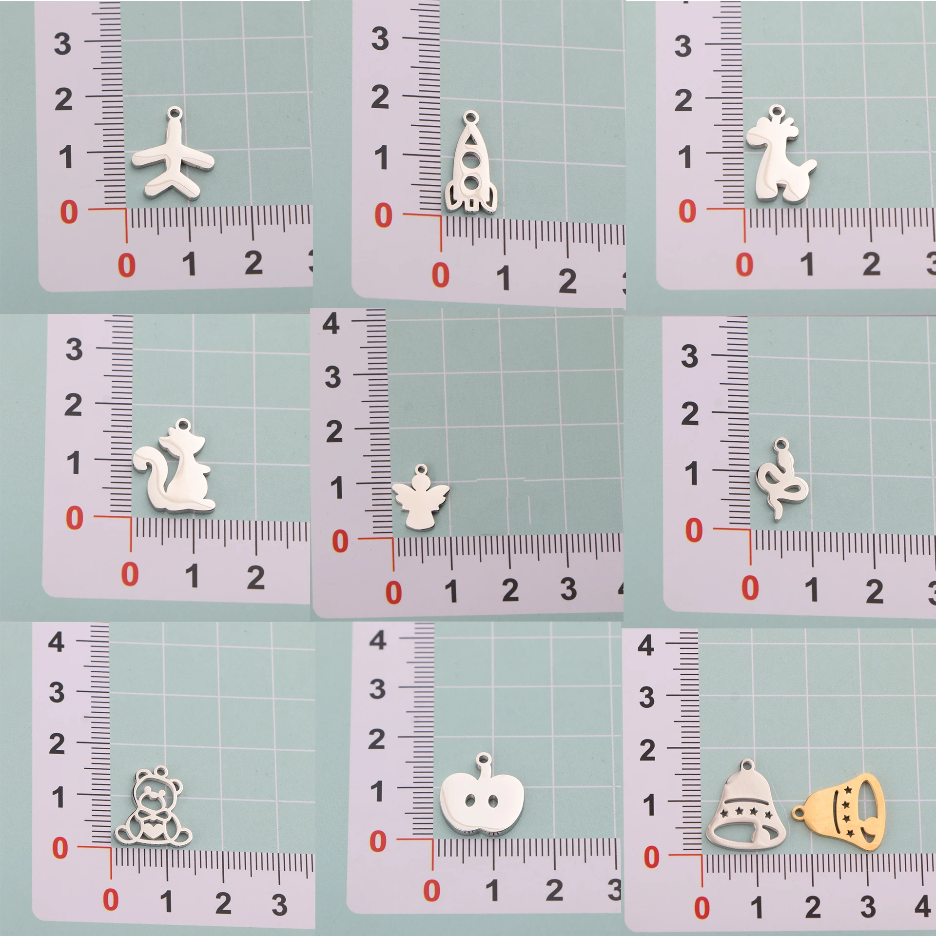 10pcs/lot Stainless Steel Airplane Rocket Giraffe Squirrel Angel Snake Bear Apple Bell Charms Pendant for DIY Jewelry Making
