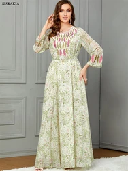 Siskakia Printing Diamonds Floral Emboridery Chiffon Long Sleeve Belted Dress Elegant Daily Party Moroccan Turkish Gulf Clothing