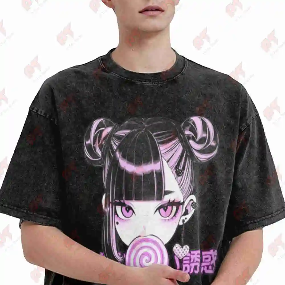 Lollipop Pastel Goth Girl Harajuku Vintage Washed Tee Pure Cotton T-Shirt