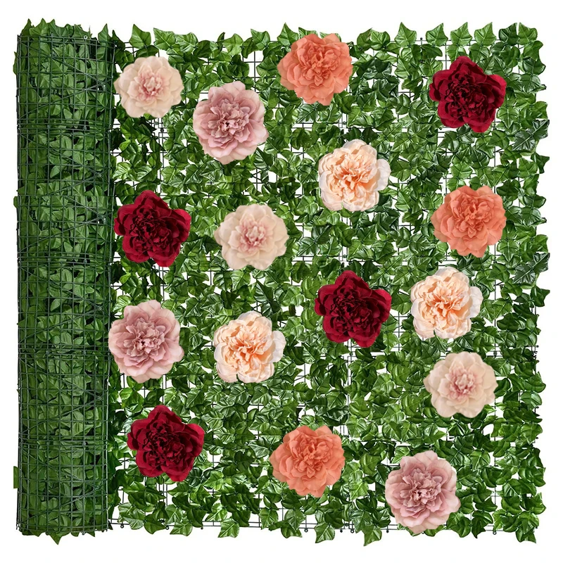 

1*3/4m Hedge Fence Fake Ivy Privacy Fence Artificial Plants 0.5*1/3m Outdoor Garden Wall Decor Green Leaf Hedges Flower Peony