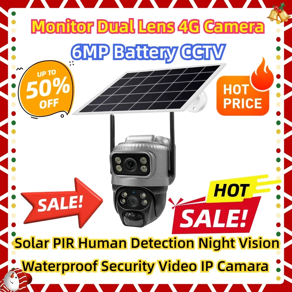 Solar PIR Human Detection Night Vision Waterproof Security Video IP Camara 6MP Battery CCTV Monitor Dual Lens 4G Camera