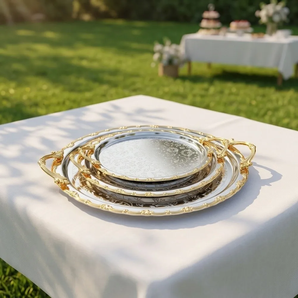 Round Silver Gold Edge Iron Tray For Picnic Dessert Tea Party Snack Serving Platter Home Garden Outdoor Cooking Accessories