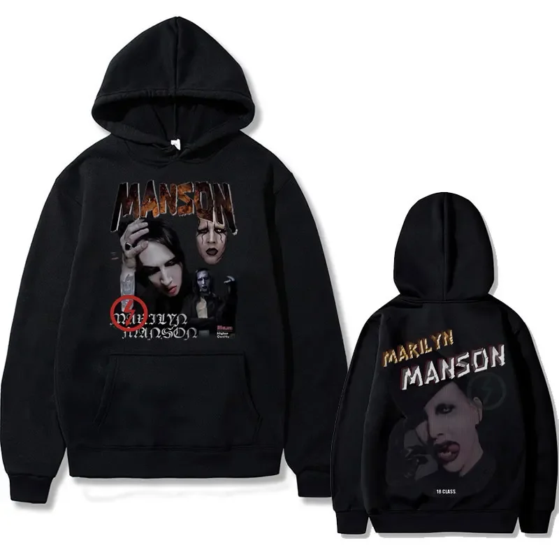 Rock Singer Marilyn Manson Double Sided Printed Hoodie Men Women Vintage Gothic Oversized Sweatshirts Male Black Cool Streetwear