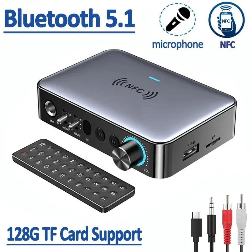 

Bluetooth 5.1 аудиоприемник-передатчик, беспроводной адаптер NFC, оптический коаксиальный разъем, 3,5 мм AUX, воспроизведение с USB-накопителя и TF-карты, микрофон для караоке